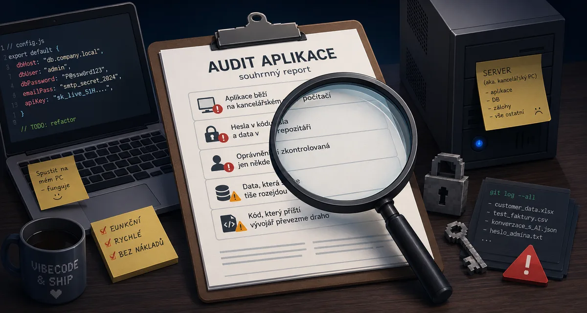 Lupa nad souhrnným reportem z auditu aplikace, v pozadí kód s hesly a server na kancelářském počítači