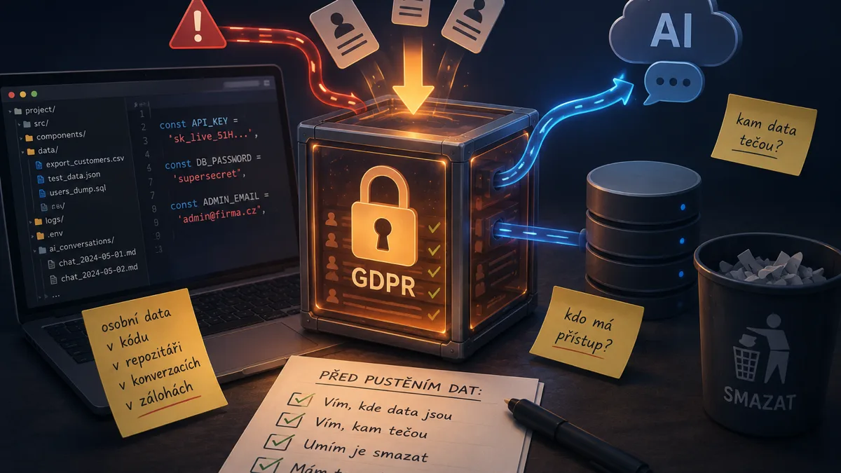 Zabezpečená schránka s nápisem GDPR mezi notebookem s osobními daty v kódu, databází, AI v cloudu a košem na smazání, s checklistem před puštěním dat zákazníků