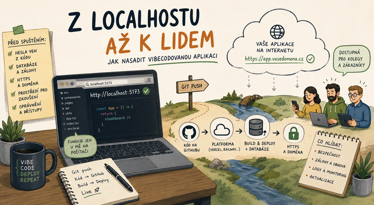 Ilustrace cesty aplikace z localhostu přes GitHub a hostovanou platformu až k uživatelům na internetu