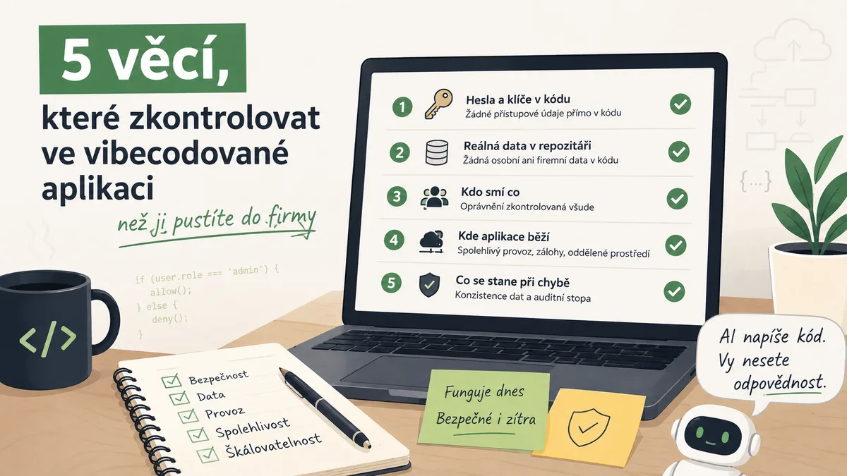 Notebook s checklistem pěti věcí, které zkontrolovat ve vibecodované aplikaci před spuštěním